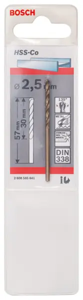 Abverkauf BOSCH Metallbohrer HSS-Co, DIN 338, 2,5 x 30 x 57 mm, 1er-Pack