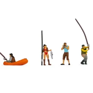 Angler, 1x Angler im kleinem Holzboot, 4x Angler am Ufer stehend, Spur H0 Preisreduziert