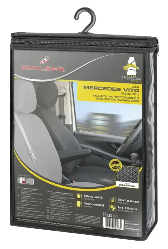 Passform Sitzbezüge Mercedes Vito 447 für Einzelsitz Fahrer vorne mit Armlehne innen aus Stoff ab BJ 06/2014 - heute Preisreduziert