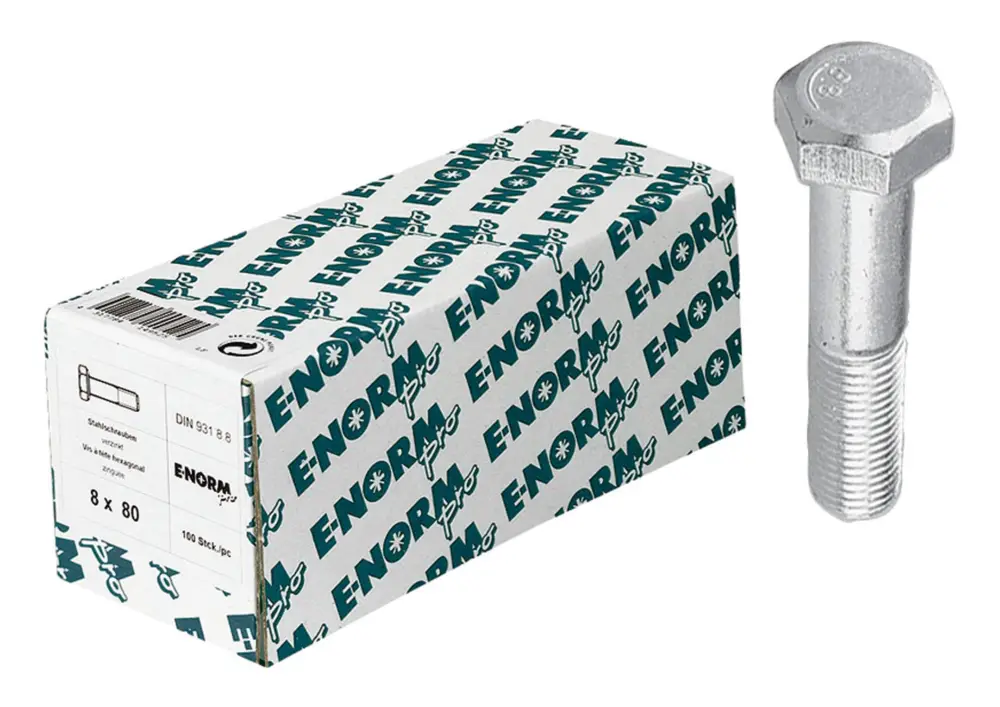 E-NORMpro Sechskantschraube / Maschinenschraube DIN 931 8.8 galvanisch verzinkt M8 x 80 mm(Verpackungseinheit: 100Stück) Begrenztes Angebot