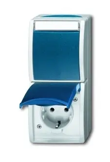 Echt Busch-Jaeger Kombination Steckdose/Wechselschalter Aufputz grau/blau-grün IP44 matt