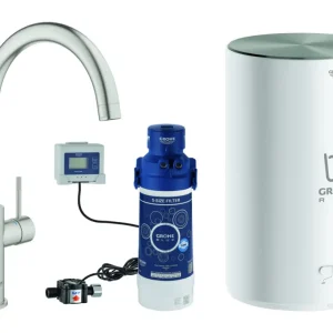 Saisonangebot Grohe Red Duo Spültischarmatur mit C-Auslauf und Boiler Größe M - Supersteel