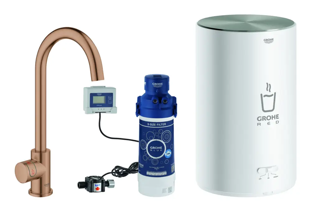 Top-Angebot Grohe Red Mono Standventil mit C-Auslauf und Boiler Größe M - Warm Sunset gebürstet