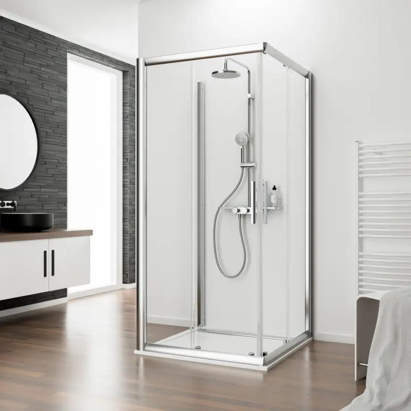 Top-Preis Schulte Kristall/Trend U-Kabine aus Eckeinstieg II 4-teilig mit Seitenwand Klarglas hell Chromoptik 90 x 90 cm / 185 cm Eckeinstieg rechts mit unterem Profil