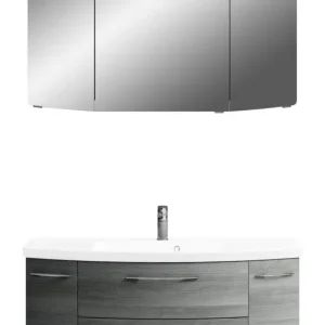 Pelipal Cassca Sprint Komplett-Set Waschtischunterschrank Spiegelschrank Aufsatzleuchte Mineralmarmorwaschtisch 1210 mm - Graphit Struktur quer Neuheit