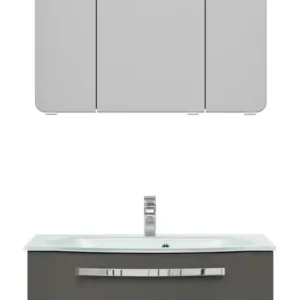 Pelipal Serie 4005 Komplett-Set mit Spiegelschrank mit LED-Aufsatzleuchte und Glaswaschtisch 920 mm - Lack Steingrau Hochglanz Mega-Angebot
