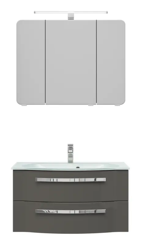 Pelipal Serie 4005 Komplett-Set mit Spiegelschrank mit LED-Aufsatzleuchte und Glaswaschtisch 920 mm - Lack Steingrau Hochglanz Mega-Angebot