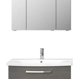Pelipal Serie 4010 Komplett-Set mit Spiegelschrank mit LED-Aufsatzleuchte und Keramikwaschtisch 840 mm - Graphit Struktur quer Finale Aktion