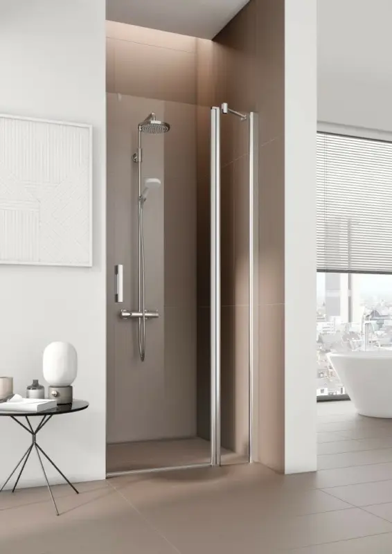 Kermi Pega Pendeltür 1-flügelig mit Festfeld für Nische mit Streifdichtung Strukturglas SR Arena C mit Beschichtung KermiClean Anschlag rechts Silber Hochglanz Montage auf Duschwanne oder bodengleich 120 cm x 200 cm Jetzt Bestellen
