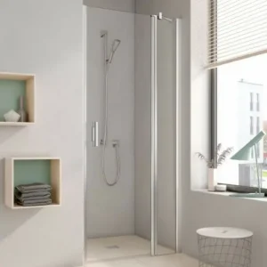 Begrenztes Angebot Kermi Pega Pendeltür 1-flügelig mit Festfeld für Nische Strukturglas SR Arena C Anschlag rechts Silber Hochglanz Montage auf Duschwanne oder bodengleich 90 cm x 200 cm