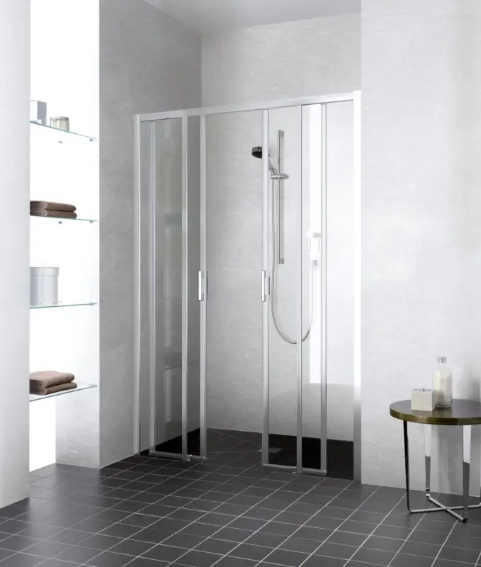 Saisonangebot Kermi Liga Gleittür bodenfrei 4-teilig für Nische oder Seitenwand Klarglas hell Anschlag frei wählbar Silber Hochglanz Montage auf Duschwanne 150 cm x 185 cm