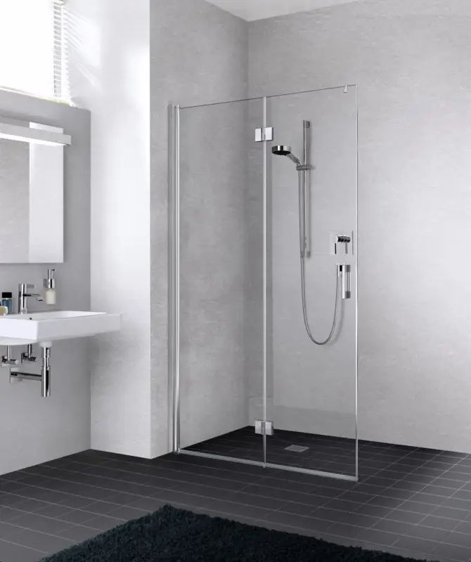 Kracherpreis Kermi Liga Walk-In Wall Pendel-Falttür Klarglas hell Anschlag links Silber mattglanz Montage auf Duschwanne oder bodengleich 90 cm x 185 cm