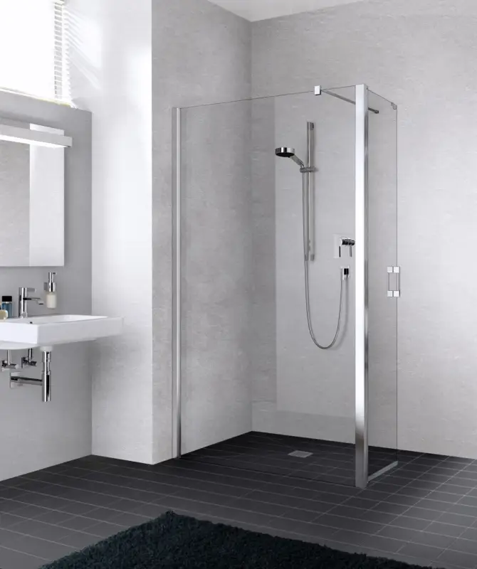 Rabatt Kermi Liga Walk-In Wall mit beweglichem Flügel Klarglas hell mit Beschichtung KermiClean 90 ° Stabilisierung Anschlag links Silber mattglanz Montage auf Duschwanne 80 cm x 185 cm