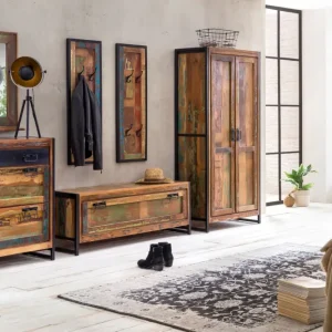 Bestseller SIT-Möbel Bali Dielen-Set (1 großer Schuhschrank, 1 kleiner Schuhschrank, 2 Garderobenpaneele, 1 Spiegel, 1 Schrank) - Antikschwarz / Bunt