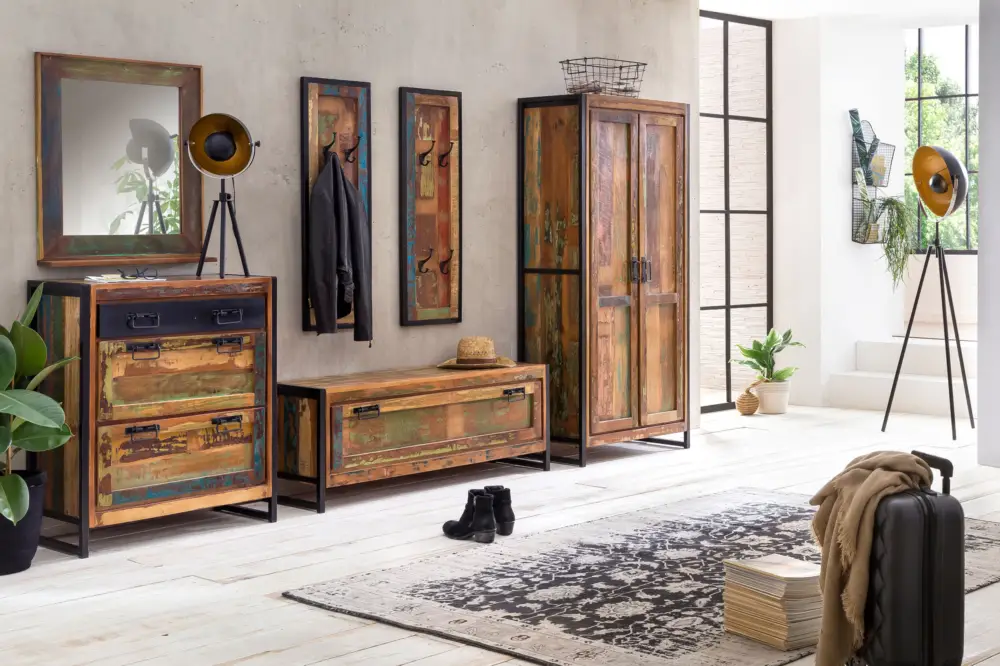 Bestseller SIT-Möbel Bali Dielen-Set (1 großer Schuhschrank, 1 kleiner Schuhschrank, 2 Garderobenpaneele, 1 Spiegel, 1 Schrank) - Antikschwarz / Bunt