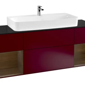 Beliebt Villeroy & Boch Finion Waschbeckenunterschrank für Becken mittig Regal links/rechts für Finion / Memento 2.0 4 Auszüge mit Beleuchtung (4x LED) 1600 x 603 x 501 mm - Peony Matt Lacquer / Walnut Veneer / Glass Black Matt