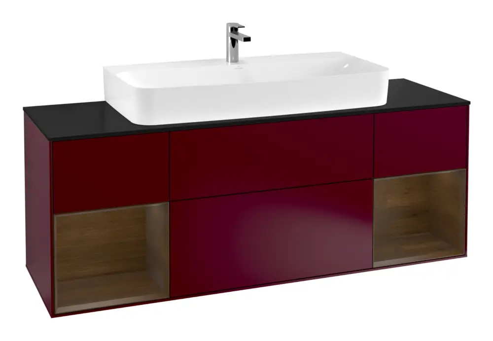 Beliebt Villeroy & Boch Finion Waschbeckenunterschrank für Becken mittig Regal links/rechts für Finion / Memento 2.0 4 Auszüge mit Beleuchtung (4x LED) 1600 x 603 x 501 mm - Peony Matt Lacquer / Walnut Veneer / Glass Black Matt