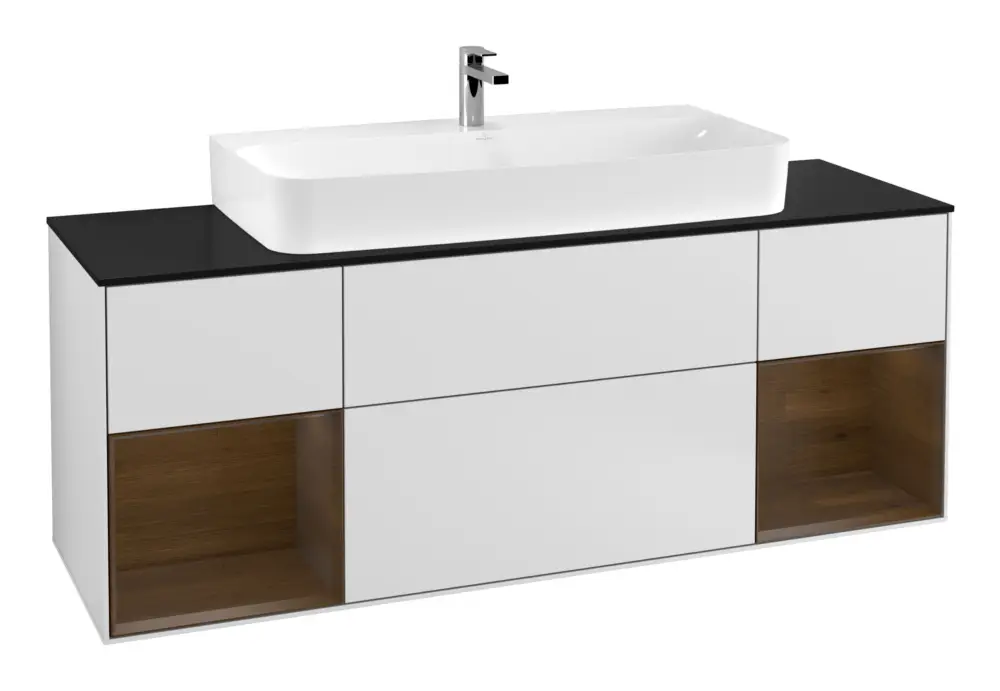 Super-Preis Villeroy & Boch Finion Waschbeckenunterschrank für Becken mittig Regal links/rechts für Finion / Memento 2.0 4 Auszüge mit Beleuchtung (4x LED) 1600 x 603 x 501 mm - White Matt Lacquer / Walnut Veneer / Glass Black Matt