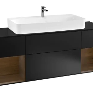 Villeroy & Boch Finion Waschbeckenunterschrank für Becken mittig Regal links/rechts für Finion / Memento 2.0 4 Auszüge mit Beleuchtung (4x LED) 1600 x 603 x 501 mm - Black Matt Lacquer / Walnut Veneer / Glass Black Matt Sale