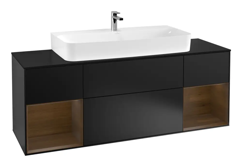 Villeroy & Boch Finion Waschbeckenunterschrank für Becken mittig Regal links/rechts für Finion / Memento 2.0 4 Auszüge mit Beleuchtung (4x LED) 1600 x 603 x 501 mm - Black Matt Lacquer / Walnut Veneer / Glass Black Matt Sale