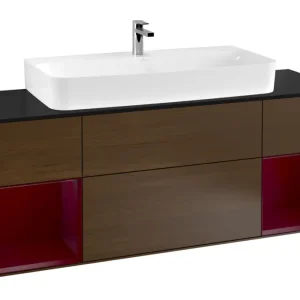 Beliebt Villeroy & Boch Finion Waschbeckenunterschrank für Becken mittig Regal links/rechts für Finion / Memento 2.0 4 Auszüge mit Beleuchtung (4x LED) 1600 x 603 x 501 mm - Walnut Veneer / Peony Matt Lacquer / Glass Black Matt