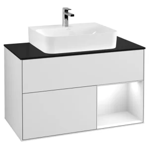 Villeroy & Boch Finion Waschbeckenunterschrank für Becken mittig Regal rechts für Finion / Memento 2.0 2 Auszüge mit Beleuchtung (1x LED) 1000 x 603 x 501 mm - White Matt Lacquer / Glossy White Lacquer / Glass Black Matt Online Kaufen