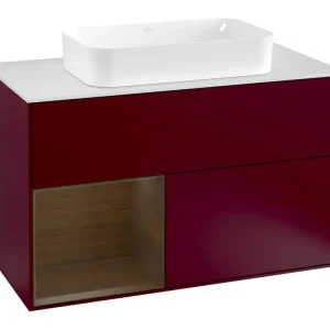 Villeroy & Boch Finion Waschbeckenunterschrank für Becken mittig Regal links für Finion 2 Auszüge mit Beleuchtung (3x LED) mit Hahnloch 1000 x 603 x 501 mm - Peony Matt Lacquer / Walnut Veneer / Glass White Matt Beliebt