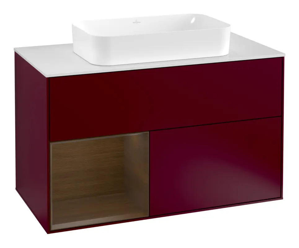 Villeroy & Boch Finion Waschbeckenunterschrank für Becken mittig Regal links für Finion 2 Auszüge mit Beleuchtung (3x LED) mit Hahnloch 1000 x 603 x 501 mm - Peony Matt Lacquer / Walnut Veneer / Glass White Matt Beliebt