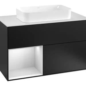 Angebot Villeroy & Boch Finion Waschbeckenunterschrank für Becken mittig Regal links für Finion 2 Auszüge mit Beleuchtung (3x LED) mit Hahnloch 1000 x 603 x 501 mm - Black Matt Lacquer / White Matt Lacquer / Glass White Matt