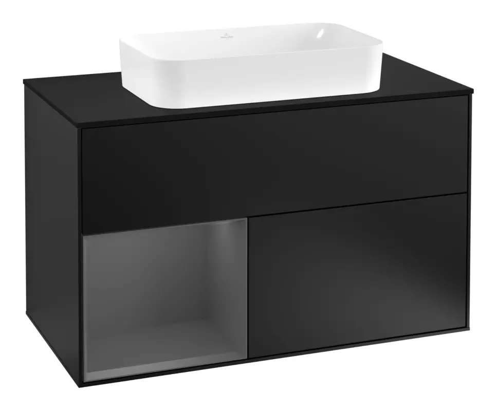 Versand Am Gleichen Tag Villeroy & Boch Finion Waschbeckenunterschrank für Becken mittig Regal links für Finion 2 Auszüge mit Beleuchtung (3x LED) mit Hahnloch 1000 x 603 x 501 mm - Black Matt Lacquer / Anthracite Matt Lacquer / Glass Black Matt