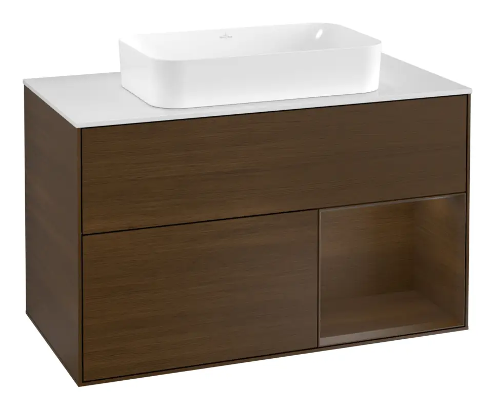 Villeroy & Boch Finion Waschbeckenunterschrank für Becken mittig Regal rechts für Finion 2 Auszüge mit Beleuchtung (3x LED) mit Hahnloch 1000 x 603 x 501 mm - Walnut Veneer / Glass White Matt Top-Angebot