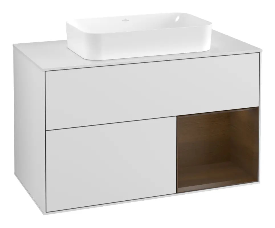 Neue Kollektion Villeroy & Boch Finion Waschbeckenunterschrank für Becken mittig Regal rechts für Finion 2 Auszüge mit Beleuchtung (3x LED) mit Hahnloch 1000 x 603 x 501 mm - White Matt Lacquer / Walnut Veneer / Glass White Matt