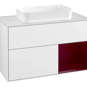 Zertifiziert Villeroy & Boch Finion Waschbeckenunterschrank für Becken mittig Regal rechts für Finion 2 Auszüge mit Beleuchtung (3x LED) mit Hahnloch 1000 x 603 x 501 mm - Glossy White Lacquer / Peony Matt Lacquer / Glass White Matt