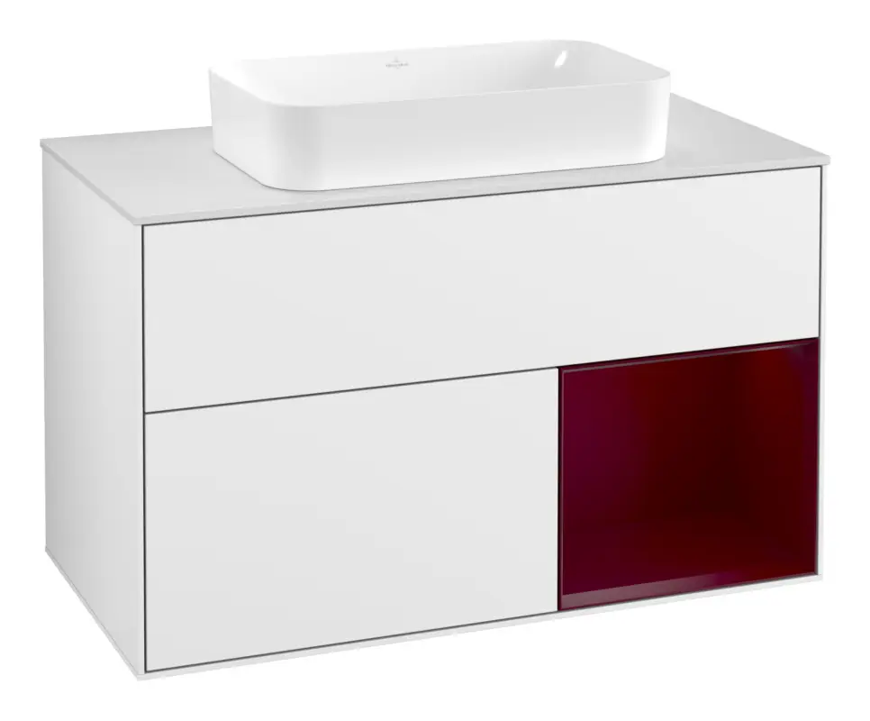 Zertifiziert Villeroy & Boch Finion Waschbeckenunterschrank für Becken mittig Regal rechts für Finion 2 Auszüge mit Beleuchtung (3x LED) mit Hahnloch 1000 x 603 x 501 mm - Glossy White Lacquer / Peony Matt Lacquer / Glass White Matt
