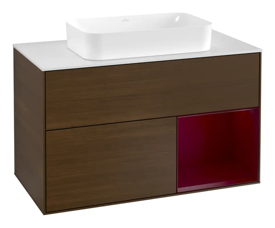 Villeroy & Boch Finion Waschbeckenunterschrank für Becken mittig Regal rechts für Finion 2 Auszüge mit Beleuchtung (3x LED) mit Hahnloch 1000 x 603 x 501 mm - Walnut Veneer / Peony Matt Lacquer / Glass White Matt Markenware