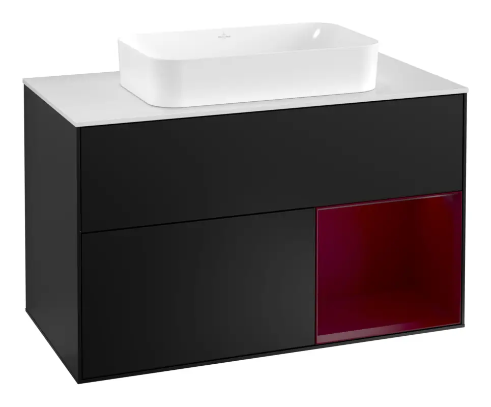 Villeroy & Boch Finion Waschbeckenunterschrank für Becken mittig Regal rechts für Finion 2 Auszüge mit Beleuchtung (3x LED) mit Hahnloch 1000 x 603 x 501 mm - Black Matt Lacquer / Peony Matt Lacquer / Glass White Matt Markenware