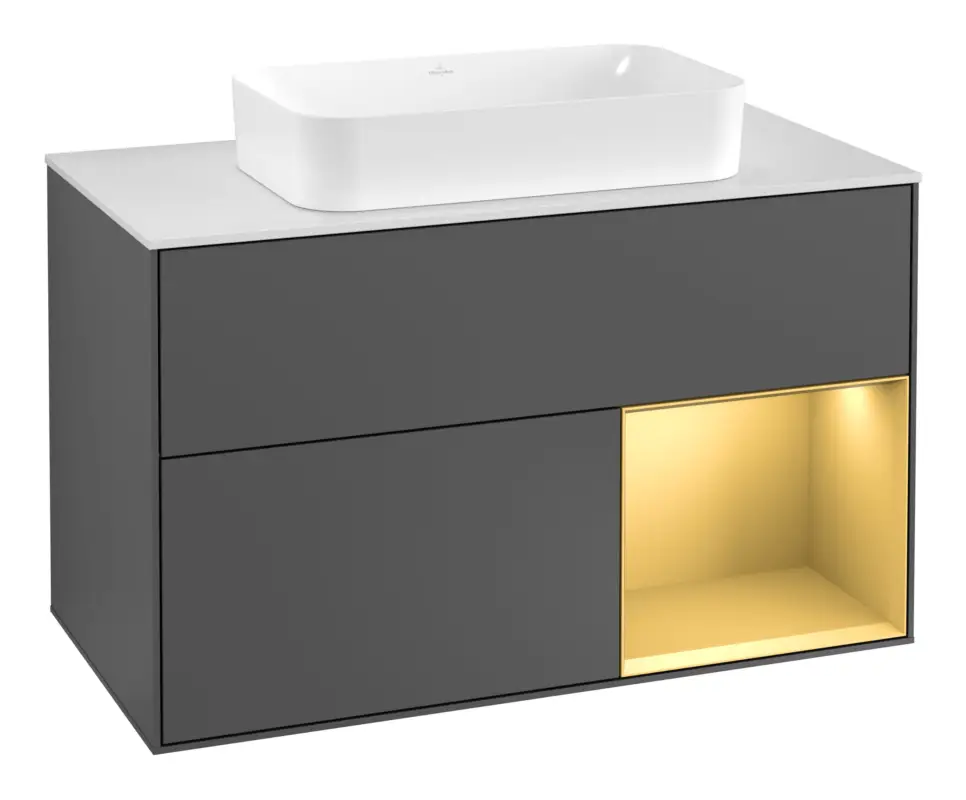 Must-Have Villeroy & Boch Finion Waschbeckenunterschrank für Becken mittig Regal rechts für Finion 2 Auszüge mit Beleuchtung (3x LED) mit Hahnloch 1000 x 603 x 501 mm - Anthracite Matt Lacquer / Gold Matt Lacquer / Glass White Matt