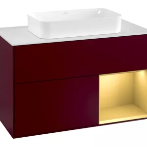 Aktuell Villeroy & Boch Finion Waschbeckenunterschrank für Becken mittig Regal rechts für Finion 2 Auszüge mit Beleuchtung (3x LED) mit Hahnloch 1000 x 603 x 501 mm - Peony Matt Lacquer / Gold Matt Lacquer / Glass White Matt