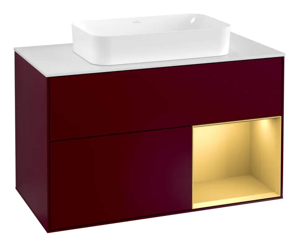 Aktuell Villeroy & Boch Finion Waschbeckenunterschrank für Becken mittig Regal rechts für Finion 2 Auszüge mit Beleuchtung (3x LED) mit Hahnloch 1000 x 603 x 501 mm - Peony Matt Lacquer / Gold Matt Lacquer / Glass White Matt