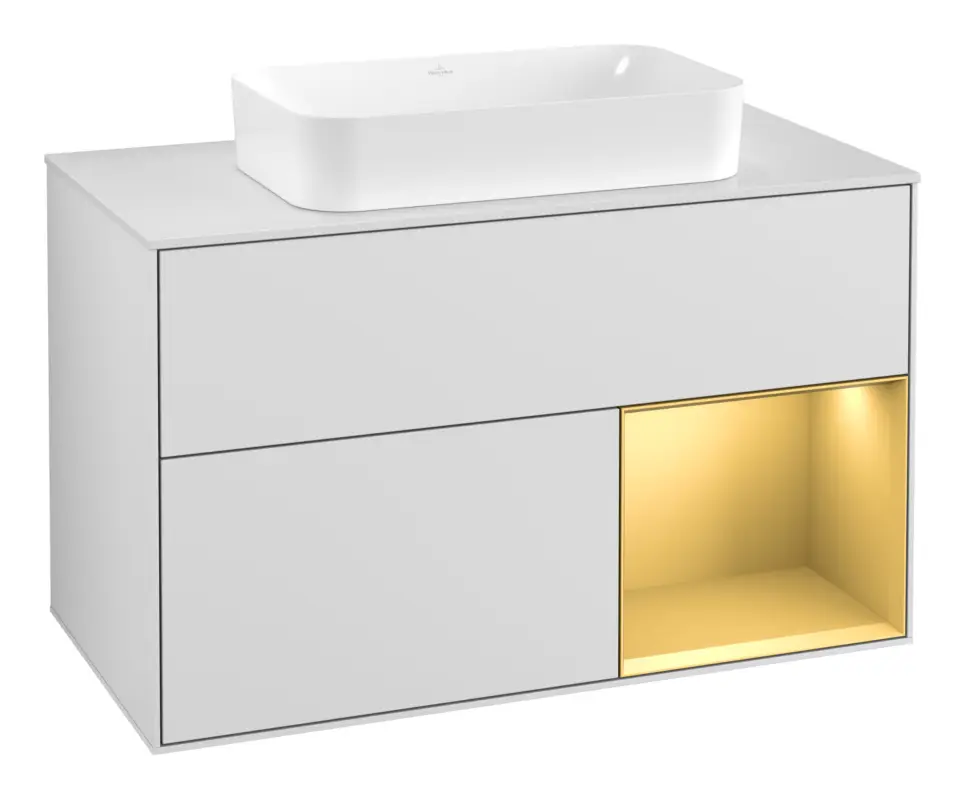 Villeroy & Boch Finion Waschbeckenunterschrank für Becken mittig Regal rechts für Finion 2 Auszüge mit Beleuchtung (3x LED) mit Hahnloch 1000 x 603 x 501 mm - White Matt Lacquer / Gold Matt Lacquer / Glass White Matt Abverkauf