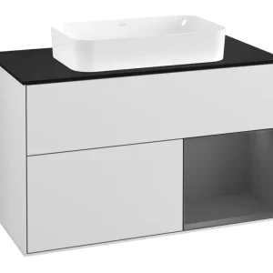 Zertifiziert Villeroy & Boch Finion Waschbeckenunterschrank für Becken mittig Regal rechts für Finion 2 Auszüge mit Beleuchtung (3x LED) mit Hahnloch 1000 x 603 x 501 mm - White Matt Lacquer / Anthracite Matt Lacquer / Glass Black Matt