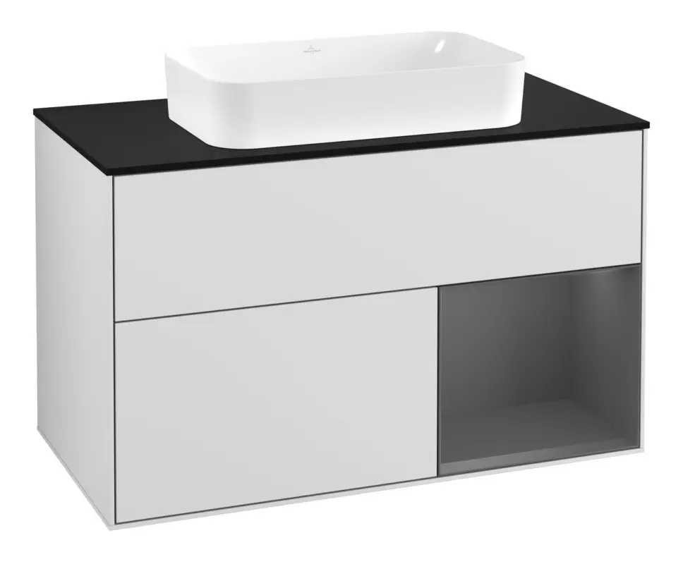 Zertifiziert Villeroy & Boch Finion Waschbeckenunterschrank für Becken mittig Regal rechts für Finion 2 Auszüge mit Beleuchtung (3x LED) mit Hahnloch 1000 x 603 x 501 mm - White Matt Lacquer / Anthracite Matt Lacquer / Glass Black Matt