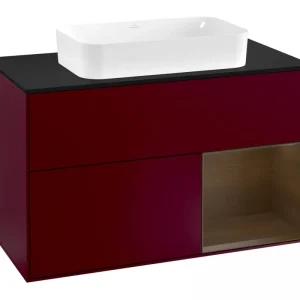 Abverkauf Villeroy & Boch Finion Waschbeckenunterschrank für Becken mittig Regal rechts für Finion 2 Auszüge mit Beleuchtung (3x LED) mit Hahnloch 1000 x 603 x 501 mm - Peony Matt Lacquer / Walnut Veneer / Glass Black Matt