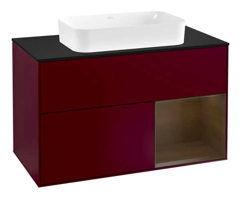 Abverkauf Villeroy & Boch Finion Waschbeckenunterschrank für Becken mittig Regal rechts für Finion 2 Auszüge mit Beleuchtung (3x LED) mit Hahnloch 1000 x 603 x 501 mm - Peony Matt Lacquer / Walnut Veneer / Glass Black Matt