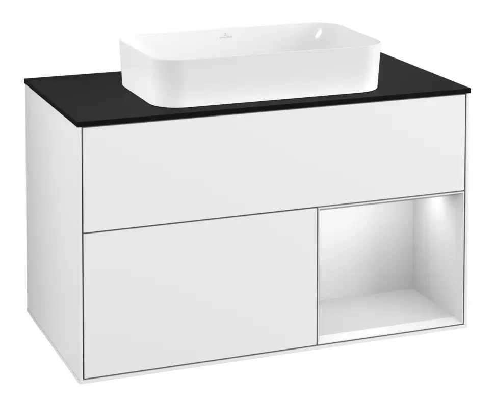 Heißes Angebot Villeroy & Boch Finion Waschbeckenunterschrank für Becken mittig Regal rechts für Finion 2 Auszüge mit Beleuchtung (3x LED) mit Hahnloch 1000 x 603 x 501 mm - Glossy White Lacquer / White Matt Lacquer / Glass Black Matt