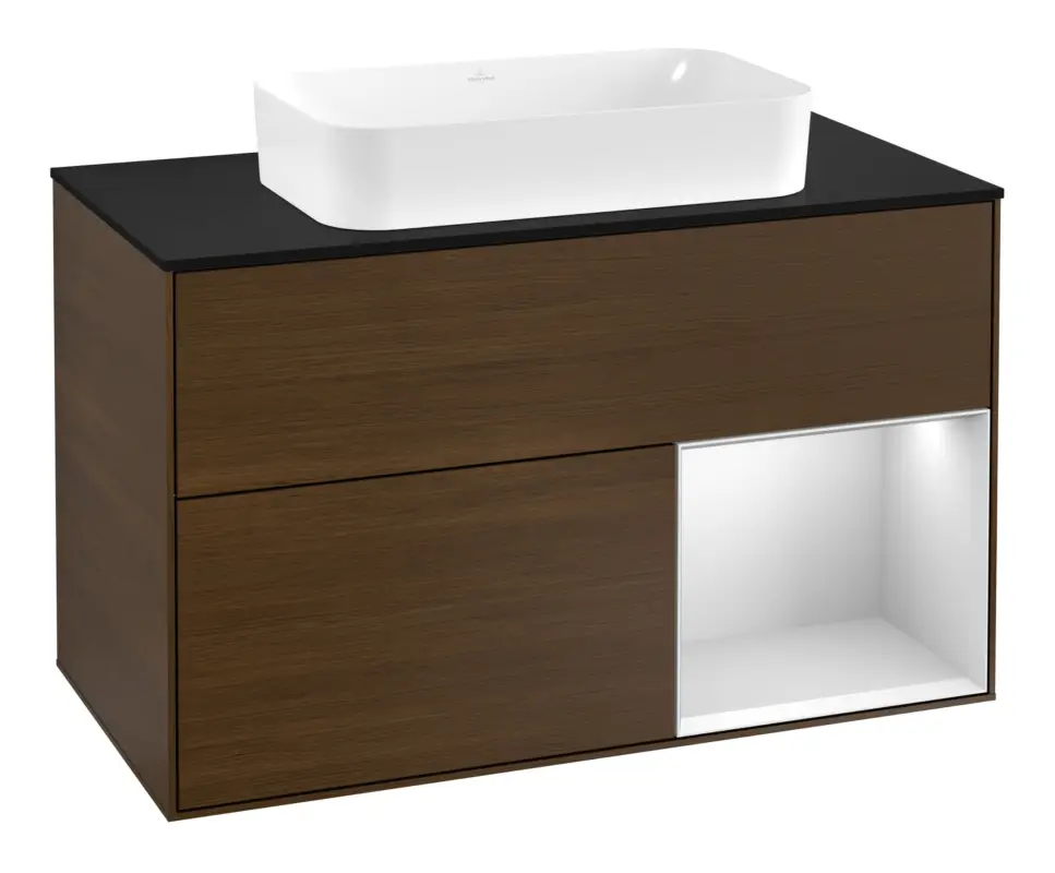 Villeroy & Boch Finion Waschbeckenunterschrank für Becken mittig Regal rechts für Finion 2 Auszüge mit Beleuchtung (3x LED) mit Hahnloch 1000 x 603 x 501 mm - Walnut Veneer / White Matt Lacquer / Glass Black Matt Garantierte Lieferung