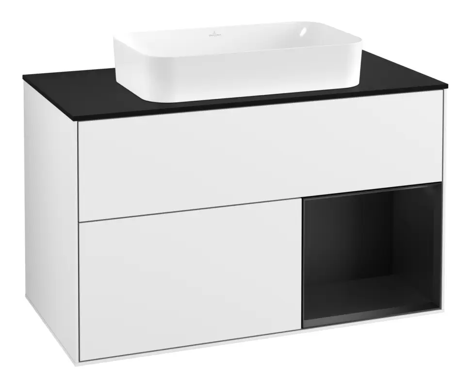 Begrenztes Angebot Villeroy & Boch Finion Waschbeckenunterschrank für Becken mittig Regal rechts für Finion 2 Auszüge mit Beleuchtung (3x LED) mit Hahnloch 1000 x 603 x 501 mm - Glossy White Lacquer / Black Matt Lacquer / Glass Black Matt