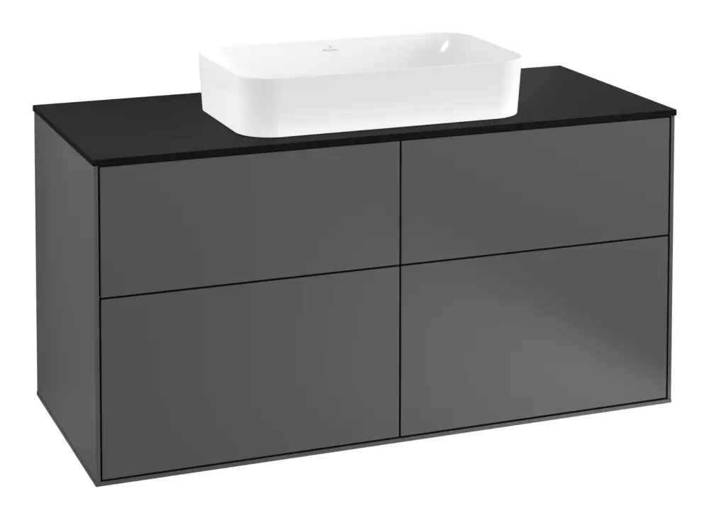 Markenprodukt Villeroy & Boch Finion Waschbeckenunterschrank für Becken mittig ohne Regal für Finion 4 Auszüge mit Beleuchtung (2x LED) mit Hahnloch 1200 x 603 x 501 mm - Anthracite Matt Lacquer / Glass Black Matt