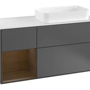 Angebot Villeroy & Boch Finion Waschbeckenunterschrank für Becken rechts Regal links für Finion 3 Auszüge mit Beleuchtung (3x LED) 1200 x 603 x 501 mm - Anthracite Matt Lacquer / Walnut Veneer / Glass White Matt