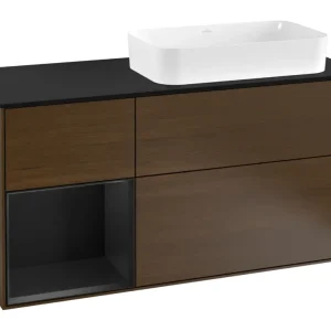 Angebot Villeroy & Boch Finion Waschbeckenunterschrank für Becken rechts Regal links für Finion 3 Auszüge mit Beleuchtung (3x LED) 1200 x 603 x 501 mm - Walnut Veneer / Black Matt Lacquer / Glass Black Matt